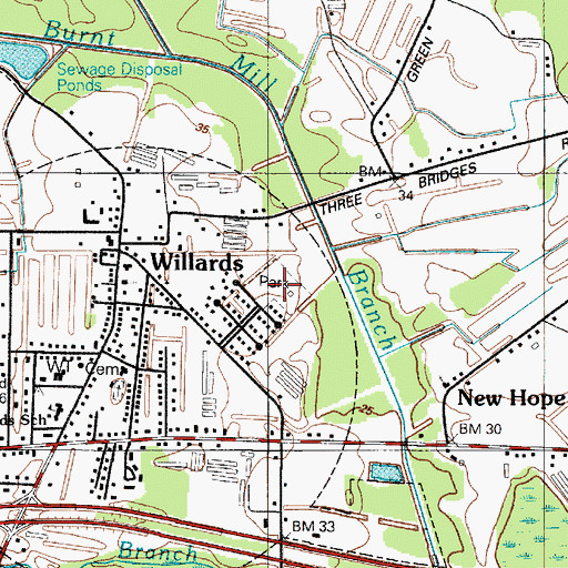 Topographic Map of Willards Park and Recreation Area, MD