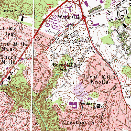 Topographic Map of Burnt Mills Hills, MD