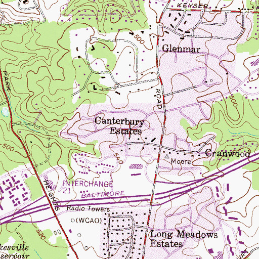 Topographic Map of Canterbury Estates, MD