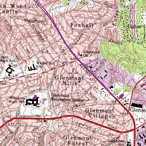 Topographic Map of Glenmont Hills, MD