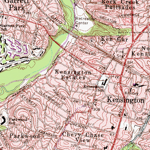 Topographic Map of Kensington Estates, MD