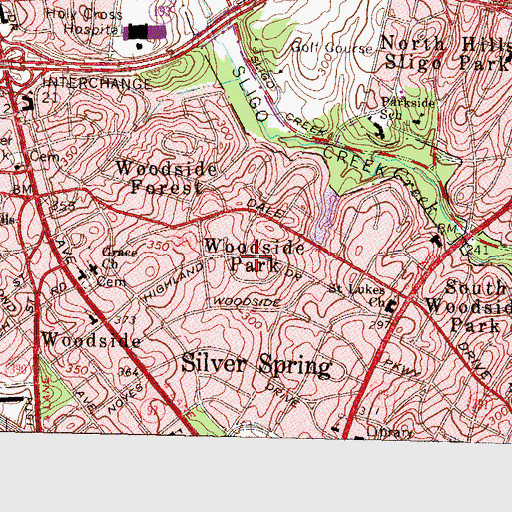 Topographic Map of Woodside Park, MD