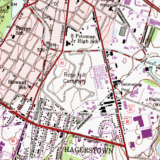 Topographic Map of Rose Hill Cemetery, MD