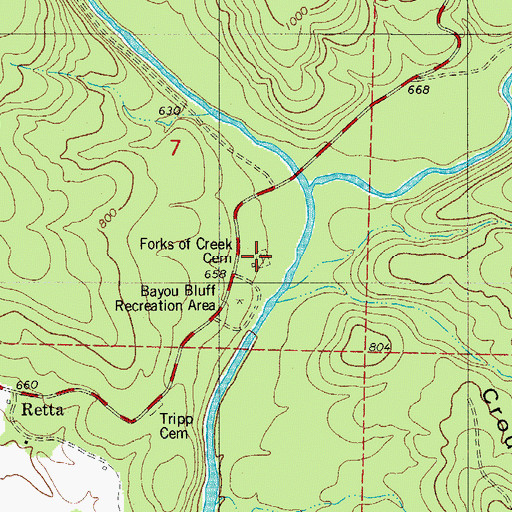 Topographic Map of Forks of Creek Cemetery, AR