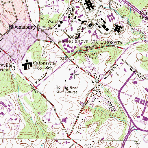 Topographic Map of Rolling Road Country Club, MD