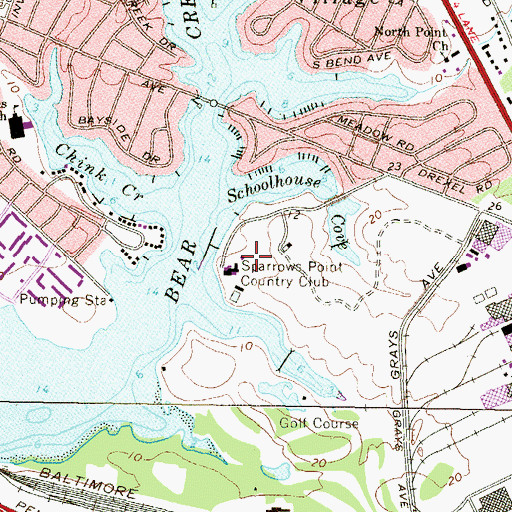 Topographic Map of Sparrows Point Country Club, MD