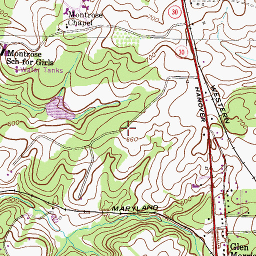 Topographic Map of Woodglen Farms, MD