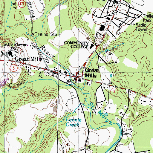 Topographic Map of Great Mills, MD