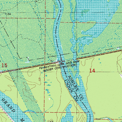 Topographic Map of Felsenthal Lock and Dam, AR