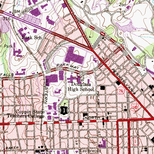 Topographic Map of Frederick Douglass High School, MD