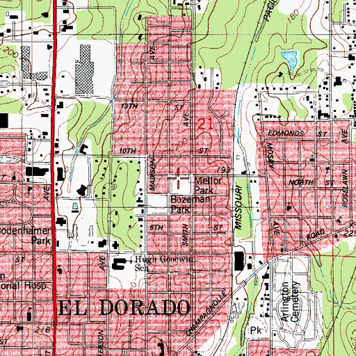 Topographic Map of Mellor Park, AR