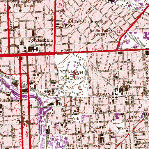 Topographic Map of Greenmount Cemetery, MD