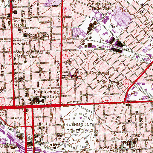 Topographic Map of Oliver Cromwell School, MD