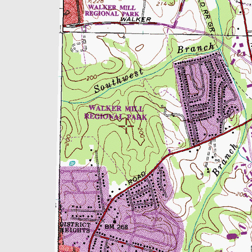 Topographic Map of Walker Mill Regional Park, MD