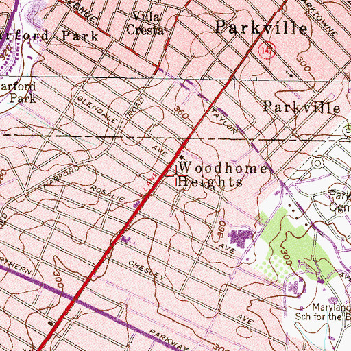 Topographic Map of Woodhome Heights, MD
