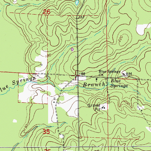 Topographic Map of Blue Springs (historical), AR