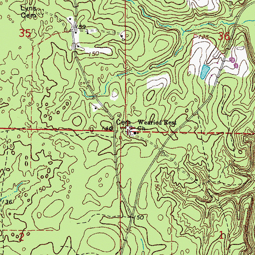 Topographic Map of Weary Rest Cemetery, AR
