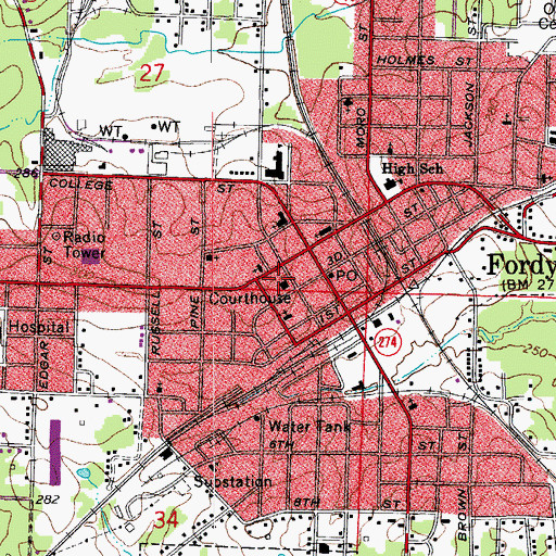 Topographic Map of Dallas County Courthouse, AR