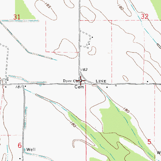 Topographic Map of Dyer Cemetery, AR