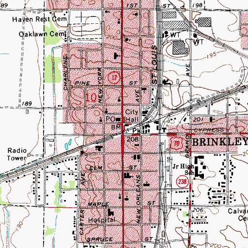 Topographic Map of Brinkley City Hall, AR