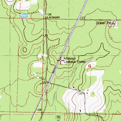 Topographic Map of Artesian Lookout Tower, AR