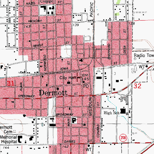 Topographic Map of Dermott City Hall, AR