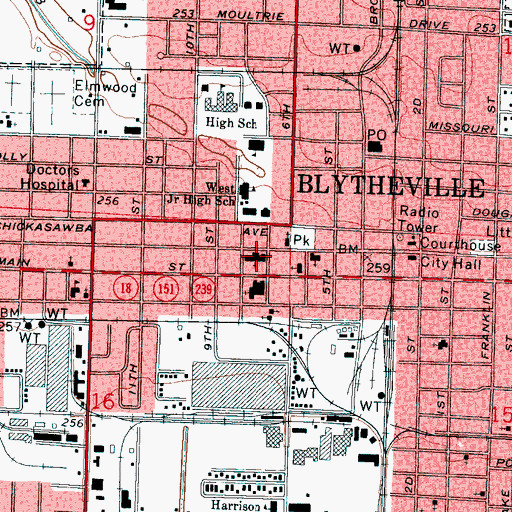 Topographic Map of First Baptist Church of Blytheville, AR