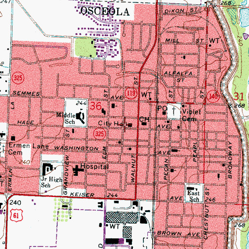 Topographic Map of Osceola Branch Mississippi County Library, AR