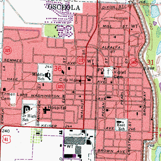 Topographic Map of Osceola City Hall, AR
