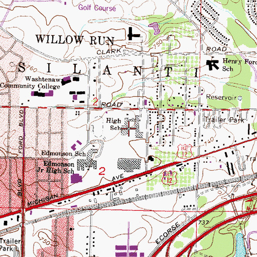 Topographic Map of Willow Run Middle School, MI