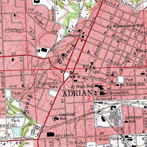 Topographic Map of Adrian, MI