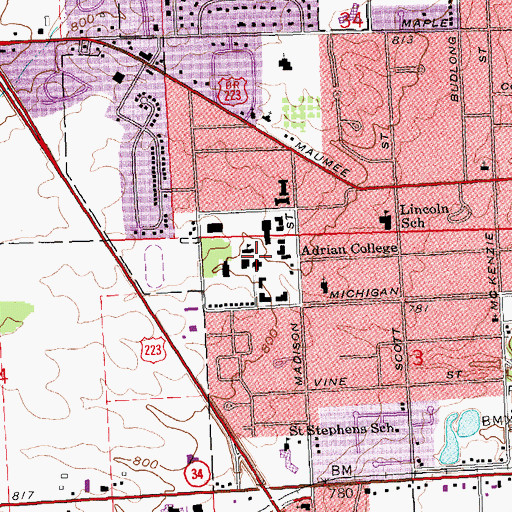Topographic Map of Adrian College, MI