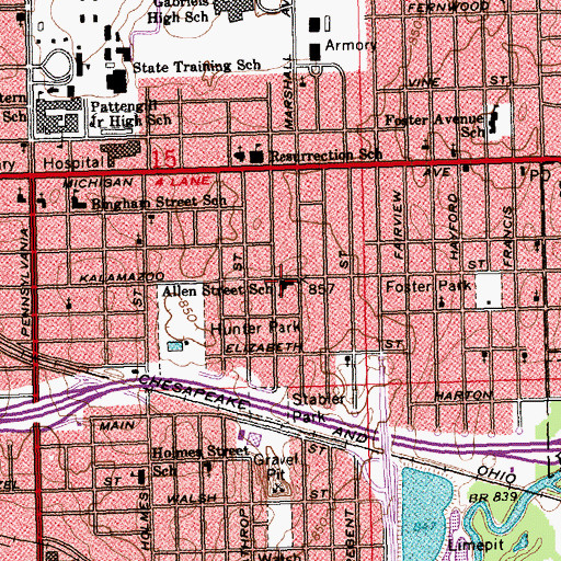 Topographic Map of Allen Street School, MI
