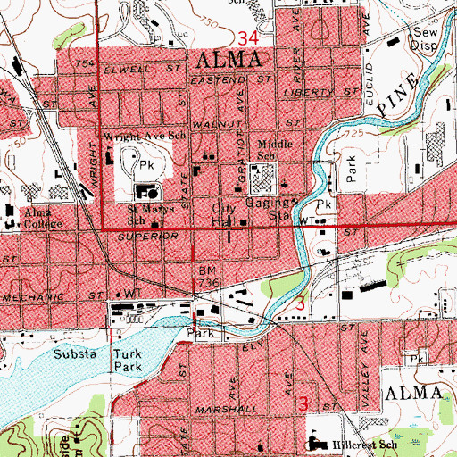 Topographic Map of Alma, MI