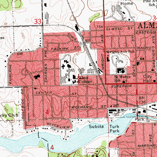 Topographic Map of Alma College, MI