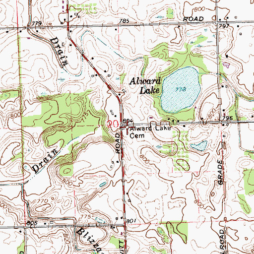 Topographic Map of Alward Lake Cemetery, MI