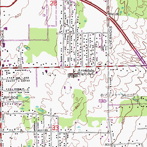 Topographic Map of Avondale High School, MI