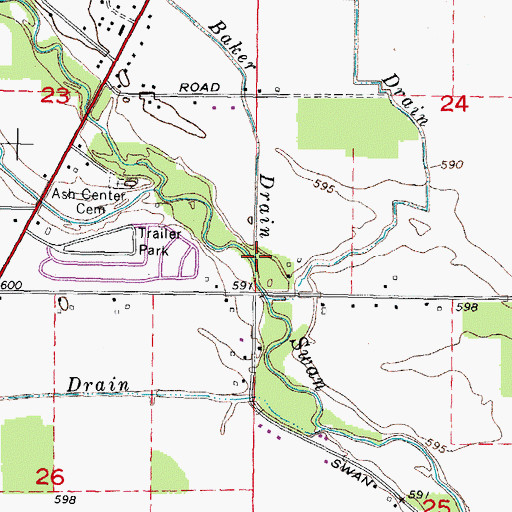 Topographic Map of Barry Babcock and Baker Drain, MI