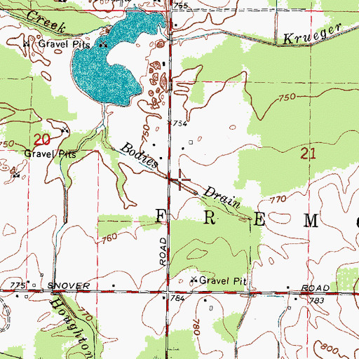 Topographic Map of Bodies Drain, MI