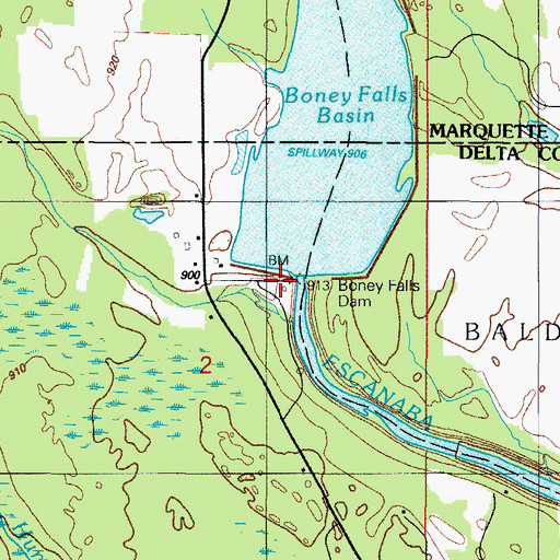 Topographic Map of Boney Falls Dam, MI