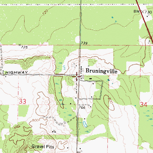 Topographic Map of Bruningville, MI