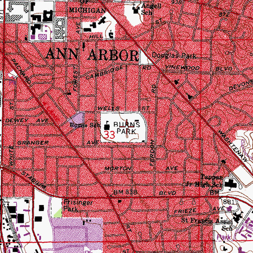 Topographic Map of Burns Park, MI