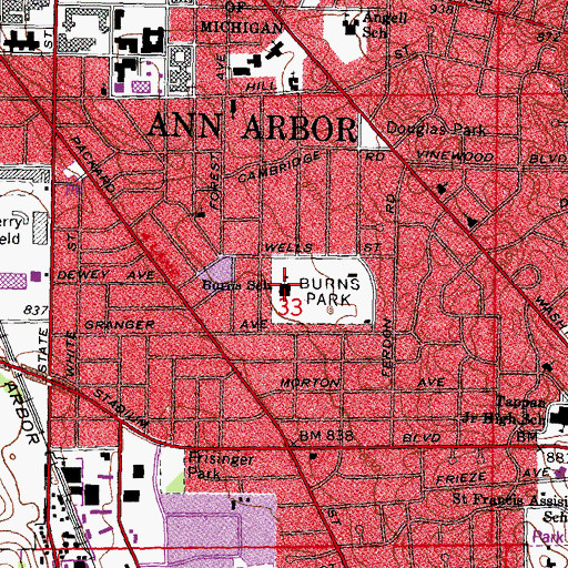 Topographic Map of Burns Park Elementary School, MI