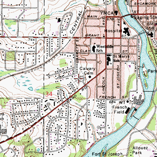 Topographic Map of Calvary Cemetery, MI