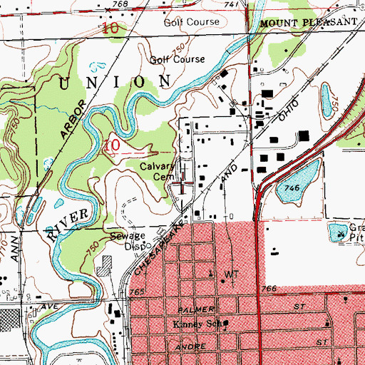 Topographic Map of Calvary Cemetery, MI