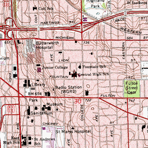 Topographic Map of Central High School, MI