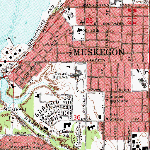 Topographic Map of Central High School, MI