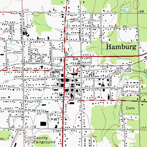 Topographic Map of Ashley County Courthouse, AR