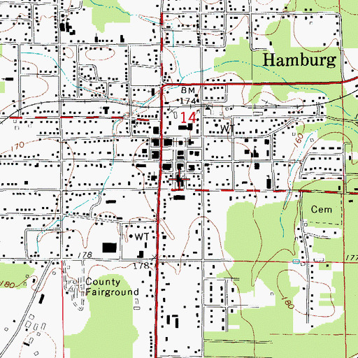 Topographic Map of First Baptist Church of Hamburg, AR