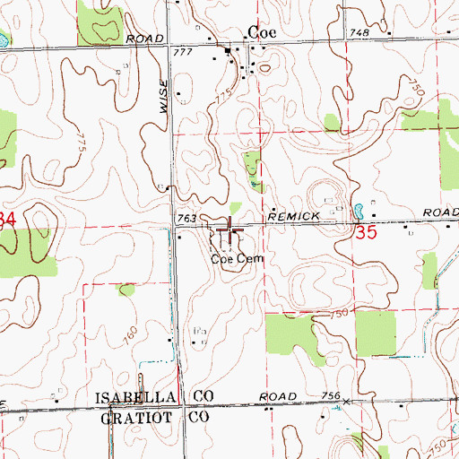 Topographic Map of Coe Cemetery, MI
